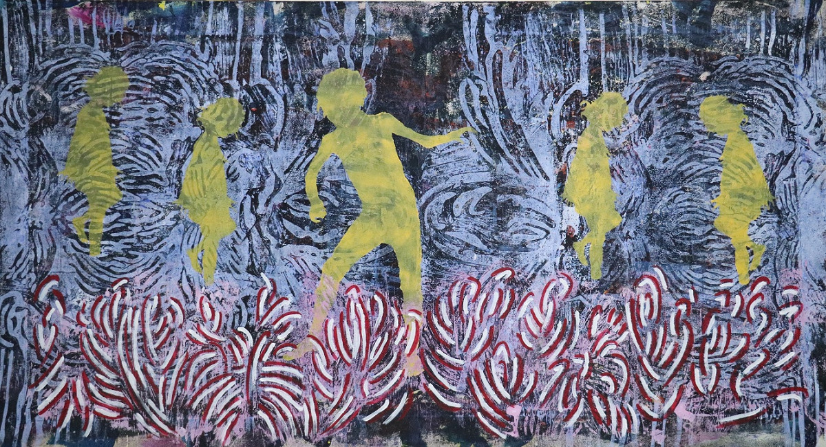 5 Figuren in gelb   /             Acryl auf Leinwand 138 x 80 cm