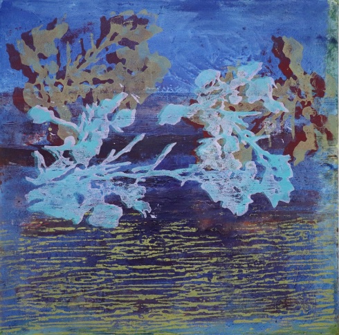 Ast liegend auf blaurot    /          Acryl auf Leinwand 71 x 71 cm