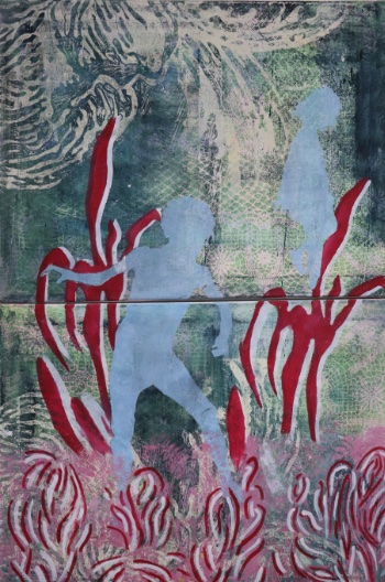 Figuren mit roten Ästen       /          Acryl auf Leinwand 70 x 100 cm